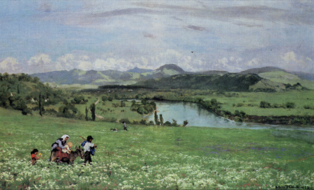 1873 Panorama mit dem Ort Nieder-Mumpf im Hintergrund, Hans Thoma, Oel