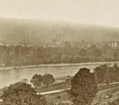 Rhein 1873 - Halbinsel im Rhein auf der Höhe des Strandbades
