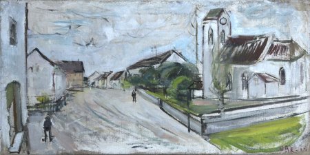 1952 Hauptstrasse mit Kirche, Oel auf Jute, Willy Guggenheim (Varlin)
