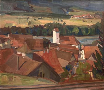 1963 Mühle und Kirche, Jakob Strasser, Oel