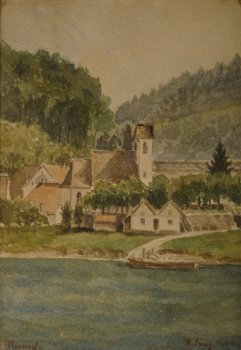 1913 Kirche und Fähre am Rhein, A. Jenny, Aquarell