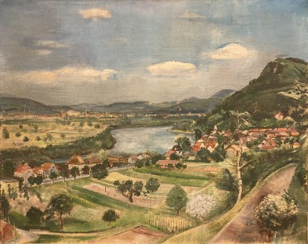 1948 Sicht vom Bahnhof gegen Säckingen und Mumpferflue, Albert E. Henselmann, Aquarell