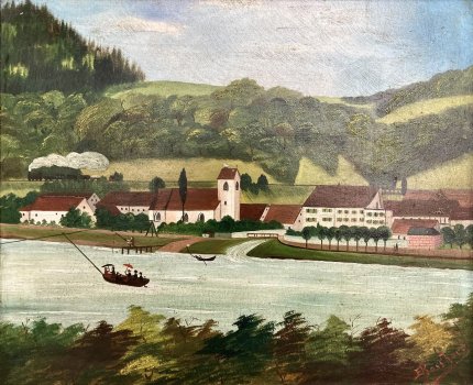 1920 Mumpfer Dorfkern vom deutschen Ufer aus, E. Bosshard, Oel