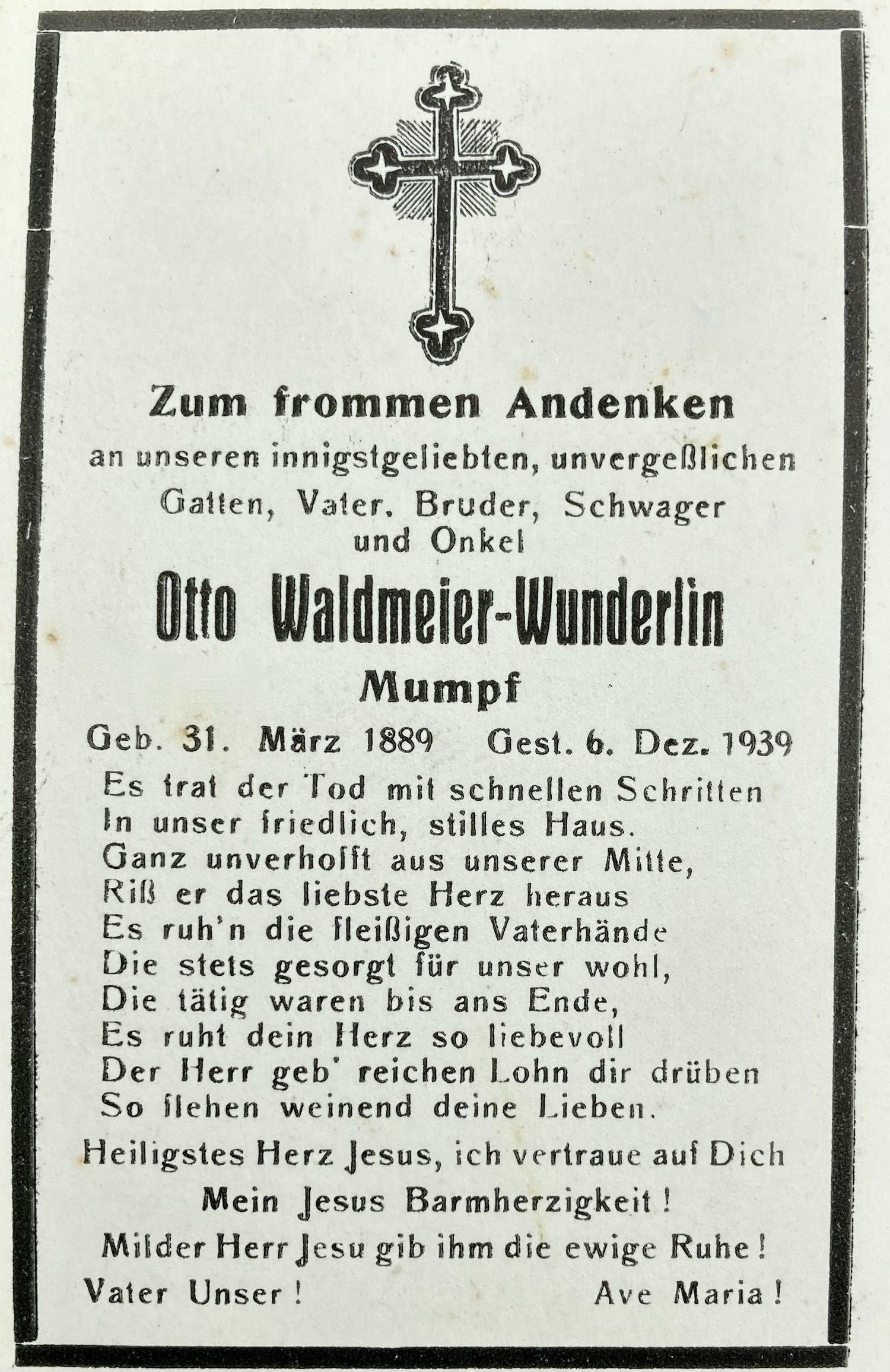 Todesgedenkblatt Otto Waldmeier Wunderlin
