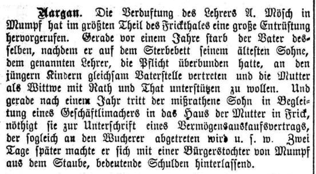 Lehrer Mösch. Tagblatt der Stadt Biel, Band 17, Nummer 67, 20. März 1879